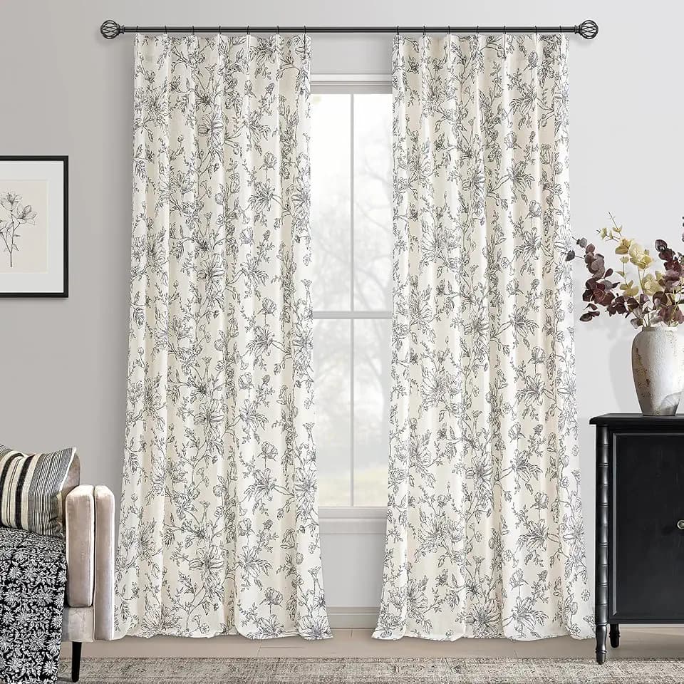 TWODRAPES Pinch Pleated Linen Semi Sheer Black Floral Curtain 102 Inch Long