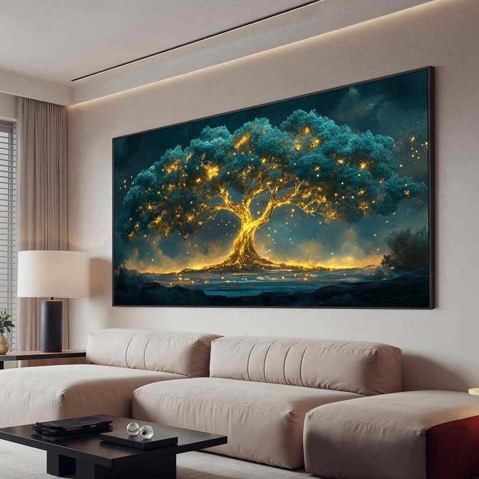 Canvas Framed Wall Art Decor Artwork for Walls Oversized Green Gold Wall Art Prints Large Tree of Life Wall Art for Living Room Canvas Art Wall Decor Modern Home Office Aesthetic Wall Art Decor 29" x 58"