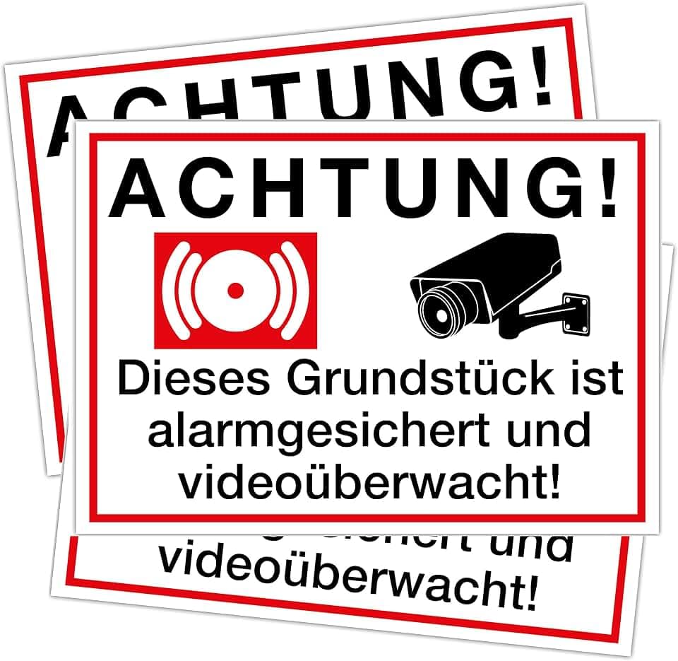 3 Aufkleber Achtung Videoüberwachung Schild – DIN A4 – wetterfest - Kameraüberwachung – Einbruchschutz – Warnschilder, Hinweisschilder (Motiv Video und Alarm)