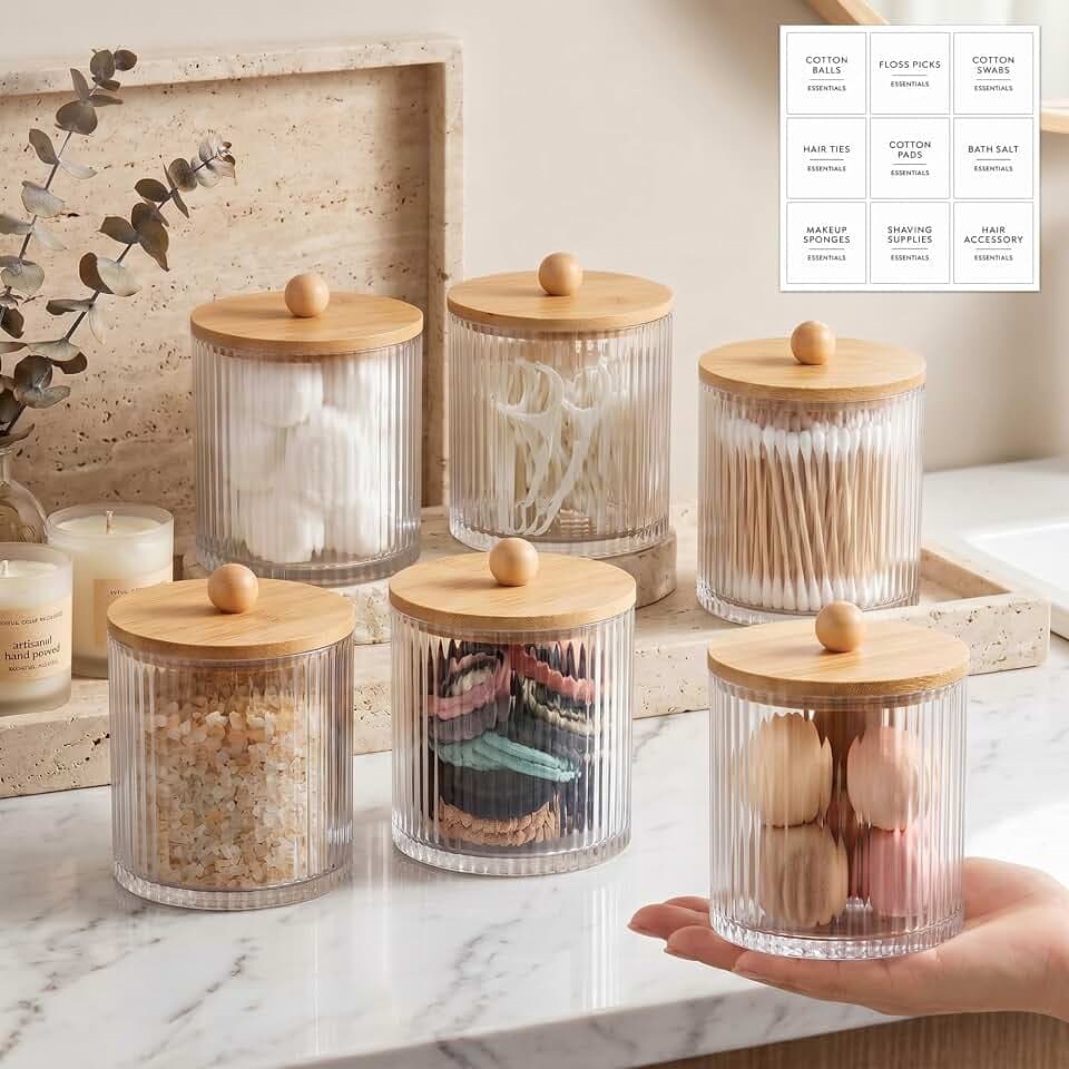 6 Pcs Plastic Holder Dispenser Bathroom Jars Bamboo Lids 18 oz, Wood Color