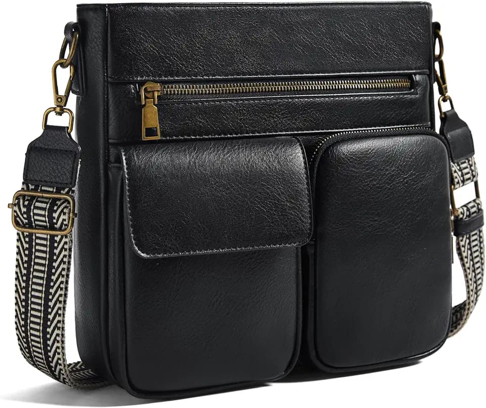 Yarnic Crossbody Bags for Women, Multi Pocket Crossbody Purse Vegan Leather Shoulder Handbags with Guitar Strap