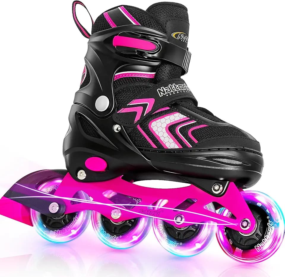 Nattork Adjustable Inline Skates for Girls and Boys with Full Light up Wheels, Beginner Roller Skates for Kids Youth Purple Pink Blue Black