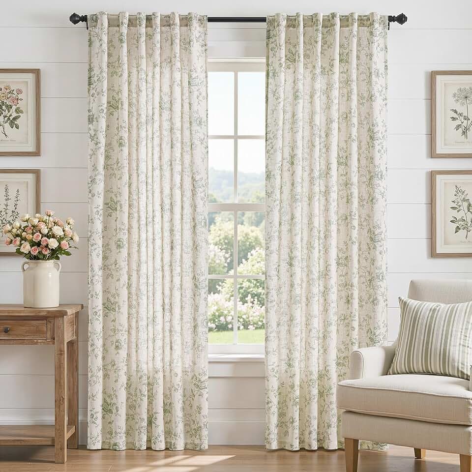 jinchan Linen Curtains 84 inch Green Floral Farmhouse Rod Pocket 2 Panels