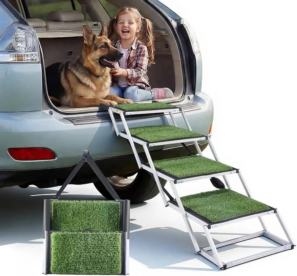 VEVOR Hundetreppe Auto Klappbar 4-Stufig, Extra Breite Hunderampe für Große Hunde mit Rutschfester Oberfläche, Tragbare Einstiegshilfe für Auto, SUV, LKW, Hochbett, Sofa, Tragkraft bis 90 kg