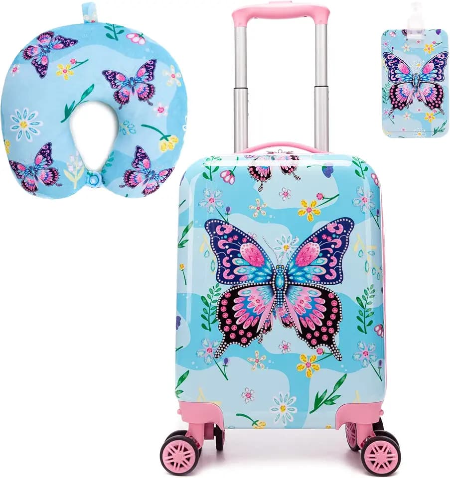 Kids Luggage Sets 2 Piece Rolling Suitcases with Wheels for Girls Hardshell Toddler Suitcase Set with Neck Pillow Airplane 16 Inch Kids' Carry on Luggage Blue Butterfly