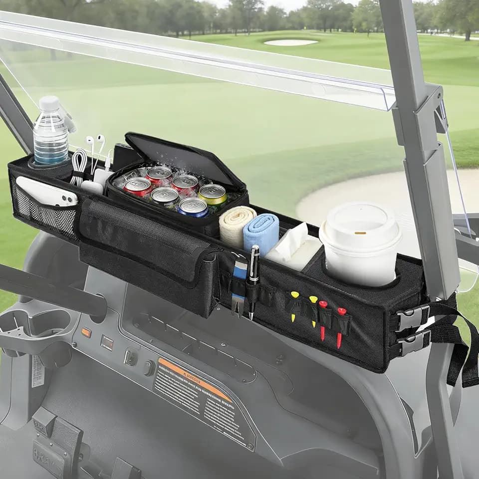 CLUBRALLY Golf Cart Front Storage Basket - No-Drilling Foldable Golf Cart Storage Tray with 5L Insulated Cooler Compartment - for EZGO TXT/RXV,Club Car DS/Precedent/Tempo,Yamaha G29 & Drive