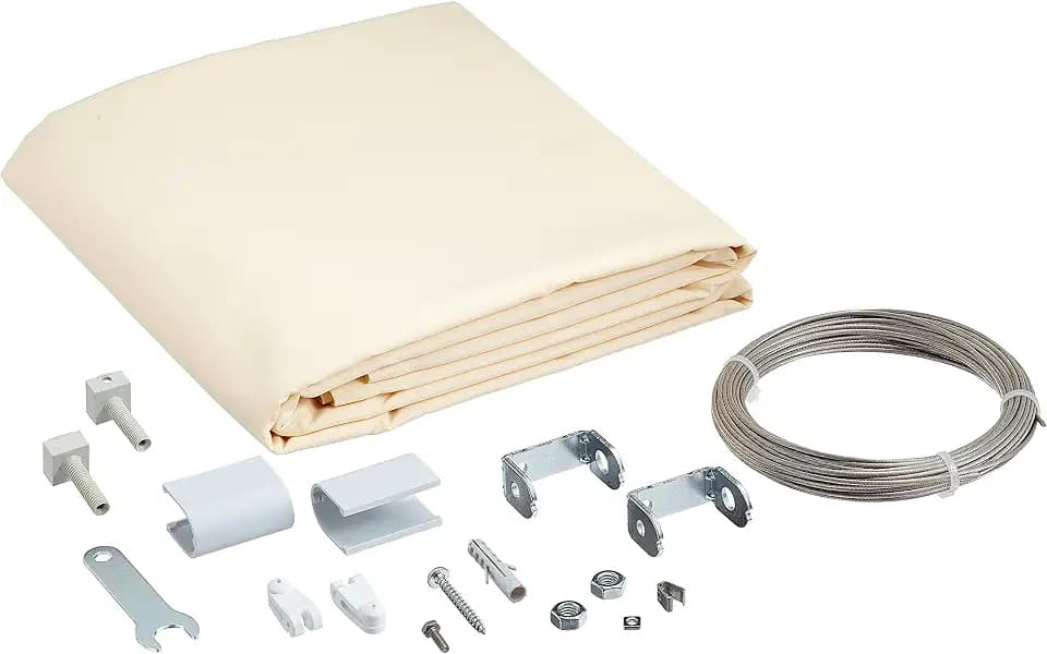 Floracord Sonnensegel Bausatz Universal - 420x140cm, Segelfarbe Elfenbein, Bausatz mit 14 Edelstahlseil und Sonnensegel mit 34 Laufhaken, Polybag, beige, 04-77-03-38P