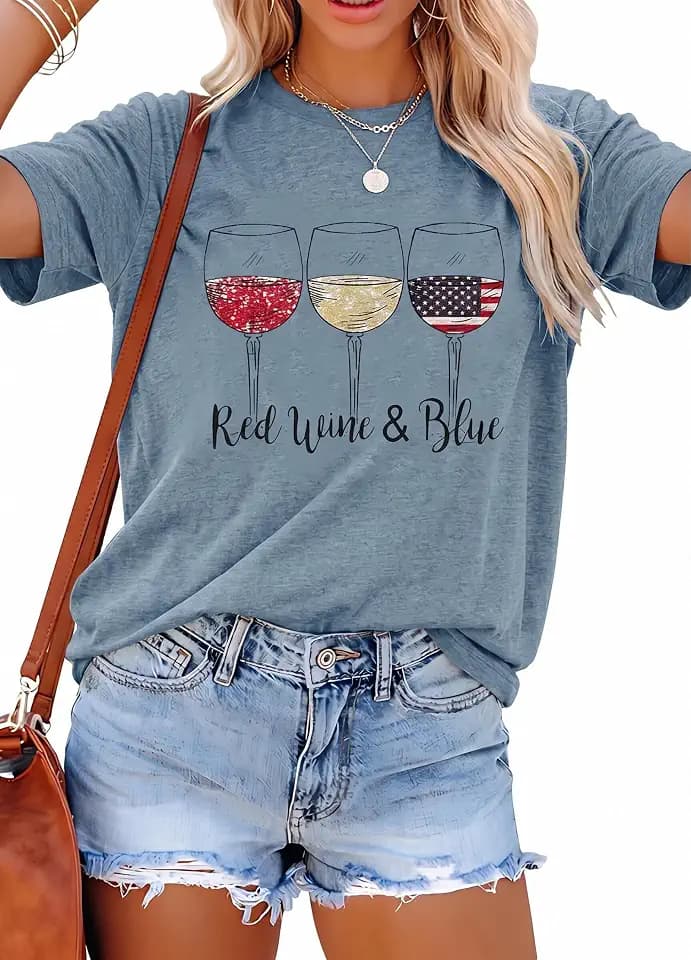 Patriotic Shirts for Women Red White and Blue Shirts American Flag Shirt 4th of July Tops Funny Wine Glass Graphic Tees