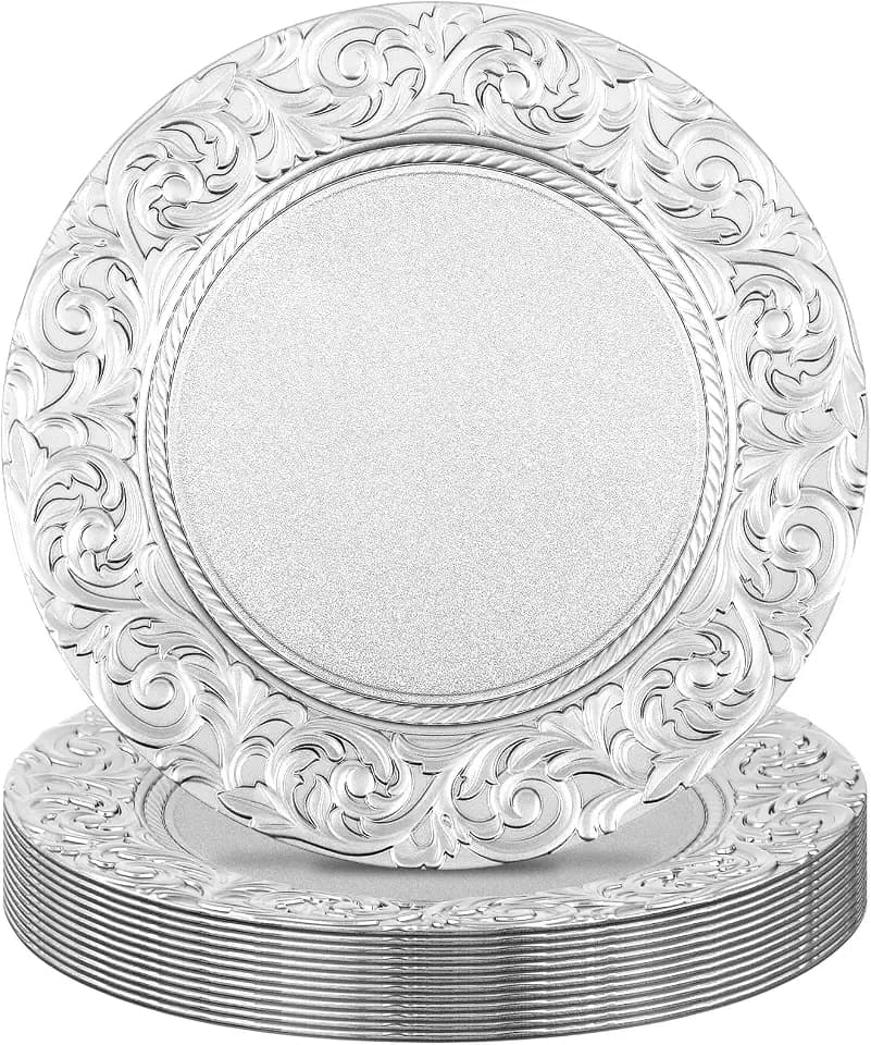 Uiifan 12 Pcs Silver Charger Plates Bulk 13'' Antique Plastic Chargers