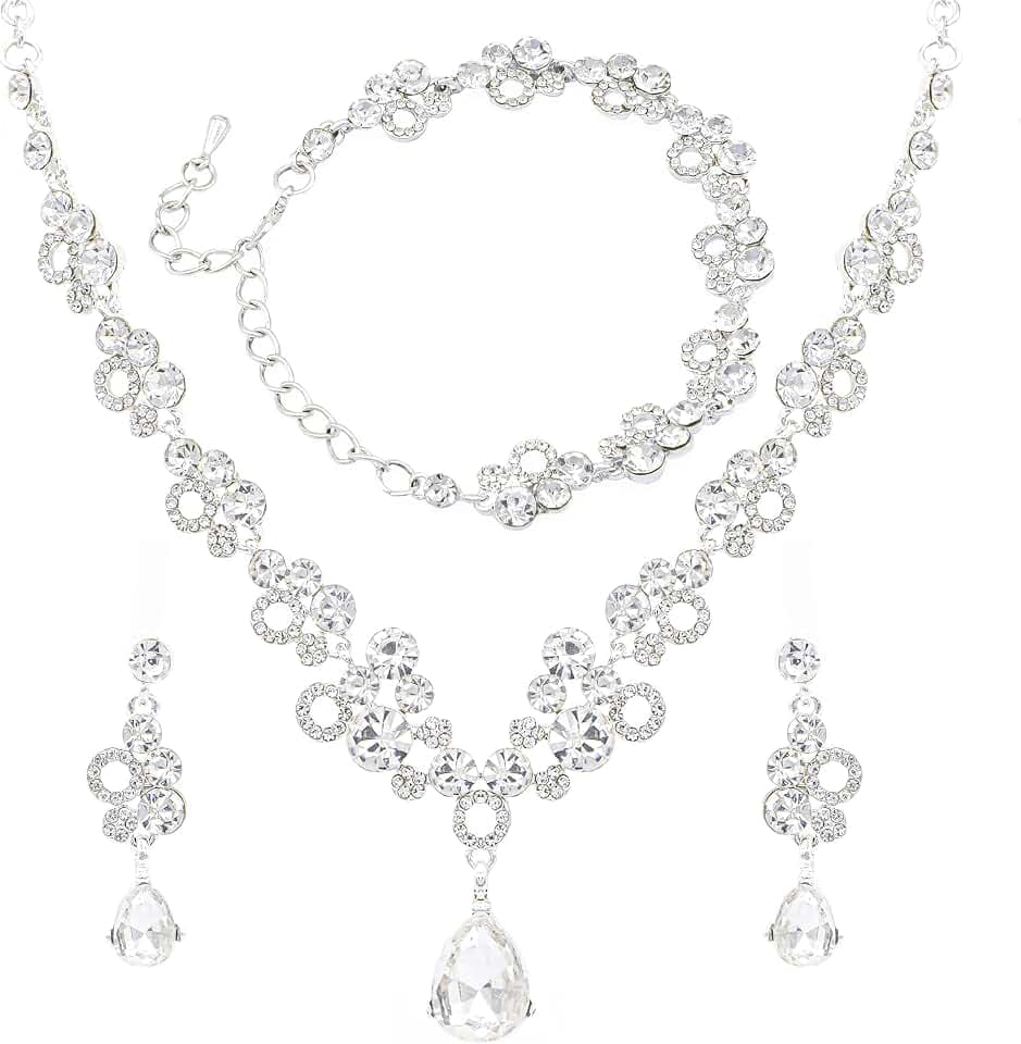 Bridal Jewelry Set, Crystal Rhinestone Necklace Bracelet Earrings, Silver