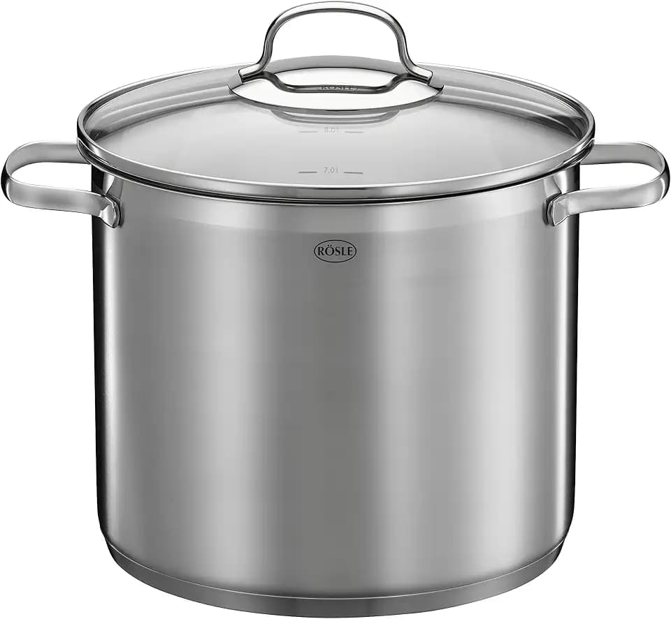 RÖSLE ELEGANCE Gemüse/Partytopf, Hochwertiger Edelstahltopf zum Kochen großer Mengen, 8 Liter, Edelstahl 18/10, Innenskalierung, Induktionsgeeignet, Spülmaschinengeeignet, 33 x 25.5 x 28 cm