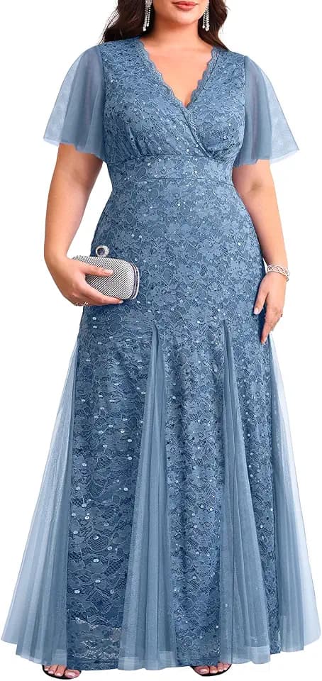Plus Size Formal Dress Sequin Lace Mermaid Wedding Guest Maxi Gown
