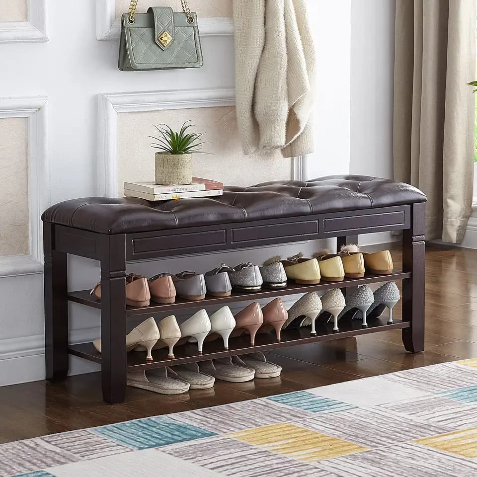 Shoe Storage Bench with Cushion, Entry Bench with Storage Solid Wood Shoe Bench Ideal for Entryway Living Room and Corridor (Brown 39.4'')
