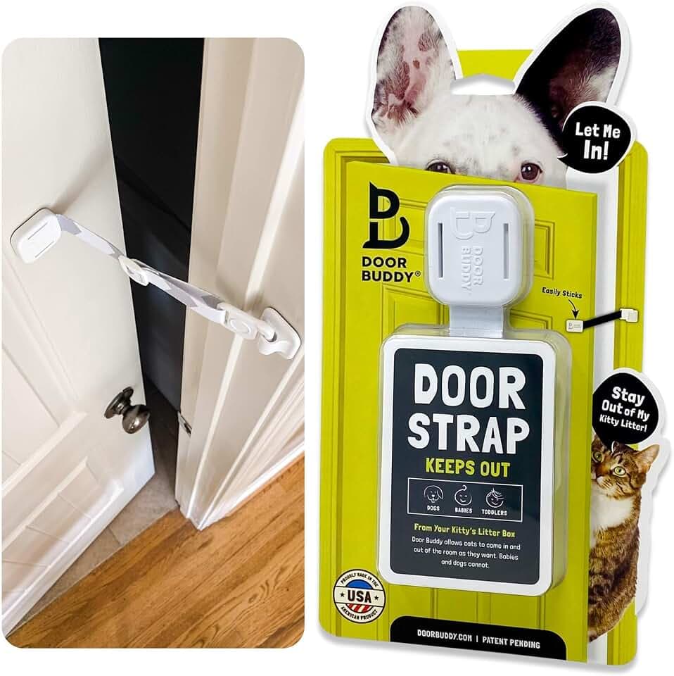 Door Buddy Verstellbarer Türriemen & Verschluss. Macht Katzenklos einfach hundesicher. Keine Haustiertore oder Katzentüren mehr. Bequemer Zutritt für Katzen & Erwachsene. Anbringen ohne Werkzeuge.