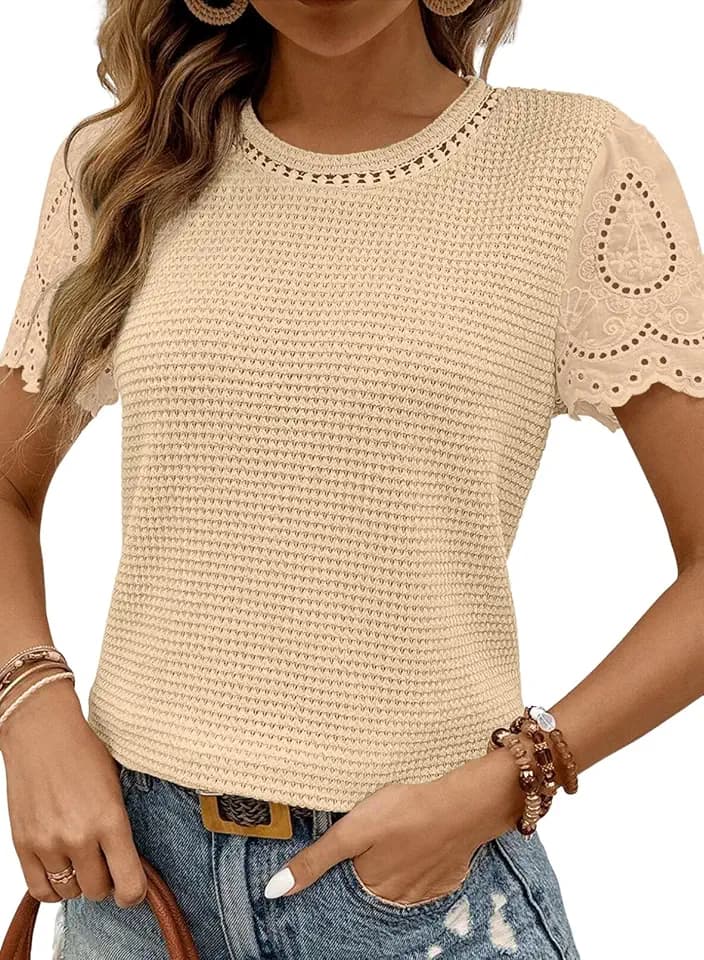 SHEWIN Womens Frenchy Summer Tops Crewneck Short Sleeve T Shirts Casual Waffle Knit Jacquard Blouses Top Shirts