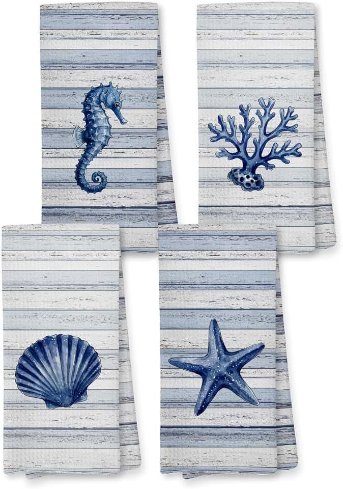 Coastal Beach Kitchen Dish Hand Towels 16x24 Inch Set of 4