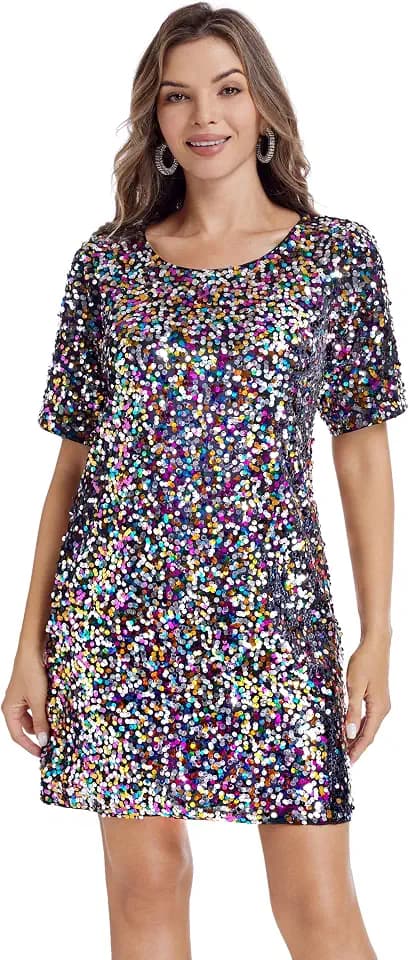 Women's Sequin Dress Sparkly Crew Neck T-Shirt Dress Half Sleeve Glitter Night Out Party Club Shift Dresses