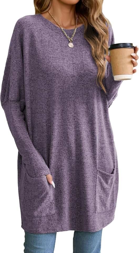 Famulily Lange Tuniken für Damen, lässig, einfarbig, übergroßes langes T-Shirt, Rundhalsausschnitt, Sweatshirt mit Taschen