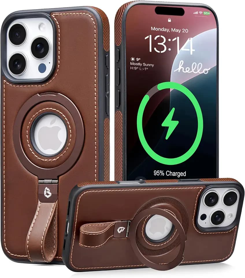 Butaiga for iPhone 16 Pro Case Leather Strap with Ring Stand, Cocoa