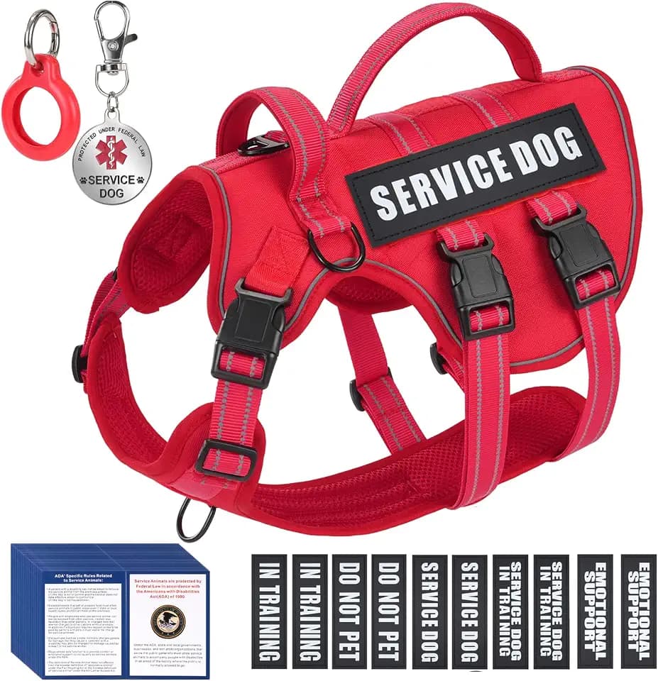 Service Dog Vest Harness, ID Tag + 50 ADA Information Cards - Tactical Dog Harness 10 PCS Removable Pet Patches - Reflective Emotional Support Animal Vest for Small Dogs - Breathable ESA Working Vest