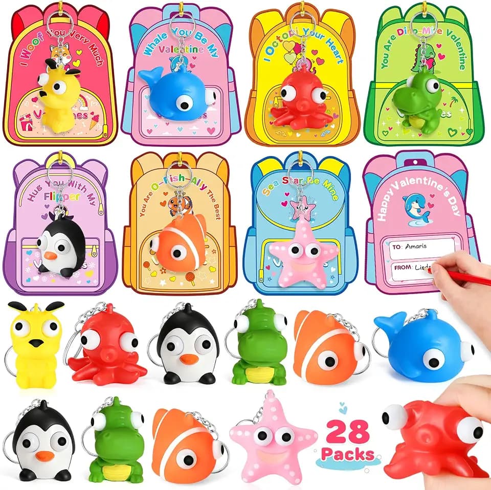Valentines Day Gifts for Kids, 28 Packs Valentine's Cards with Squeeze Popping Eyes Animal Keychains, Class Valentines School Exchange Prizes & Party Favors for Boys Girls
