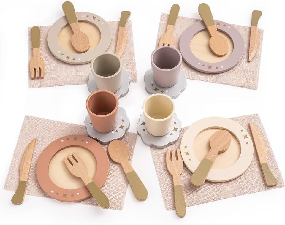 ROBUD Kinderküche Zubehör Holz Geschirr, 29 PCS Teller und Küchenutensilien Geschirrset für Rollenspiel, Kinder Spielküche Küchenzubehör, Holz Spielzeug Geschenk für Mädchen Jungen 3-8 Jahren