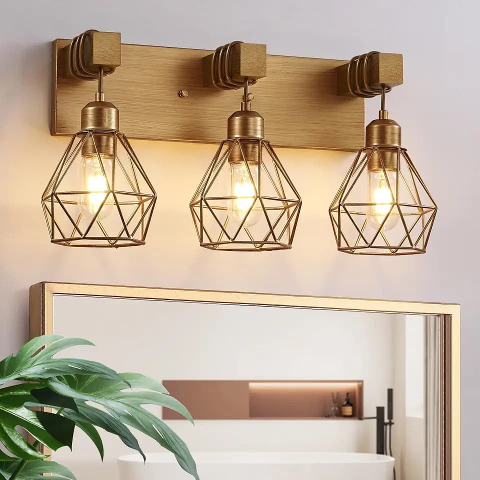 maesta 3 Light Bathroom Vanity Light, Farmhouse Gold Fixture Over Mirror