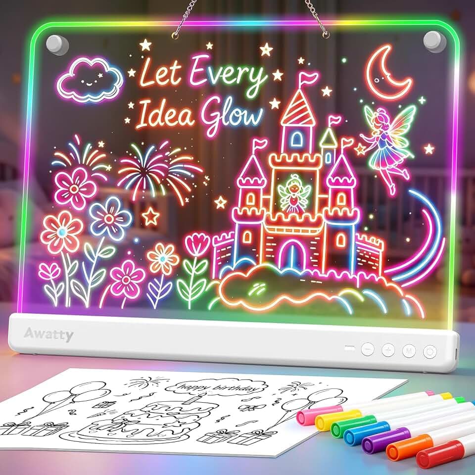 Awatty LED Zeichenbrett für Kinder 16-inch Leuchtendes Zeichenbrett mit 7 Farben Acryl Notiztafel Maltafel Drawing Board Memoboard Kreatives Geschenk Spielzeug für Mädchen Jungen 4-12 Jahre (White)