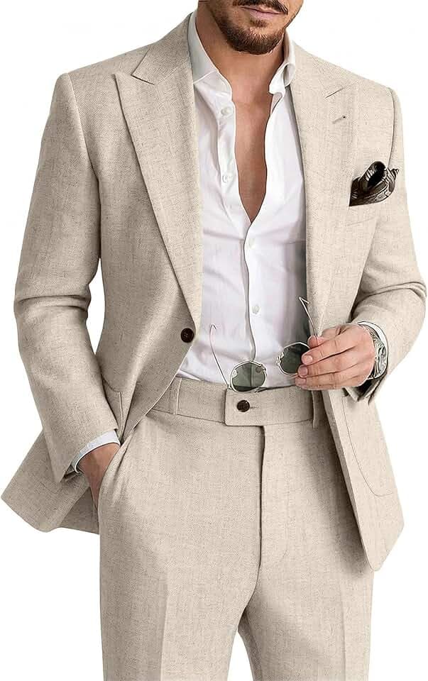 Mens Linen Suit 2 Piece Summer Suits for Men Beach Wedding Prom Outfit