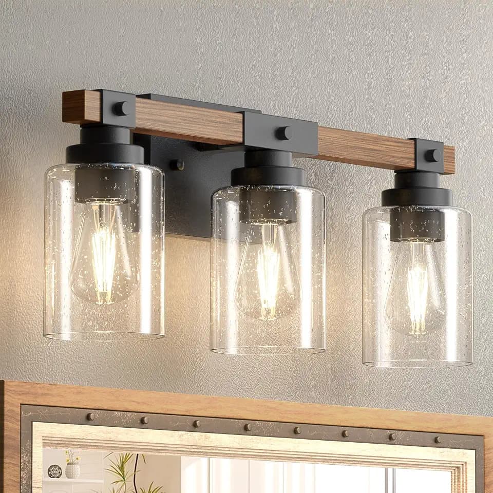 Amico 3-Light Farmhouse Bathroom Vanity Light, Seeded Glass, Black & Wood