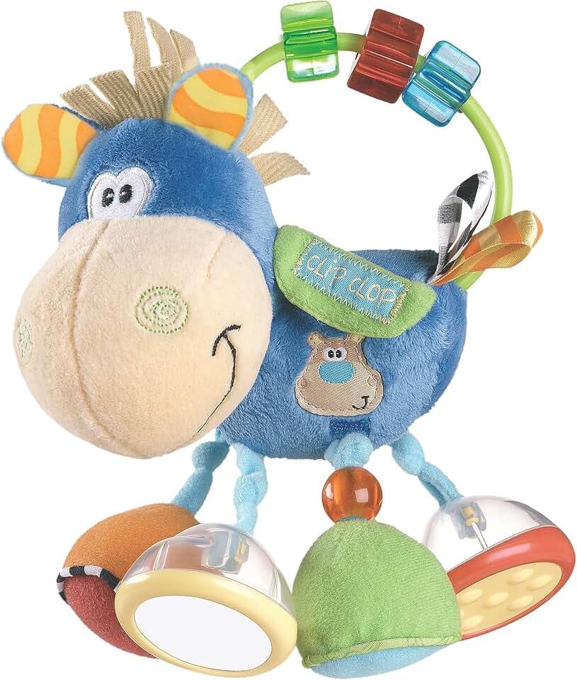 Playgro Baby Spielzeug ab 3 Monate Baby Rassel Pferd Klipp Klapp Blau Bunt