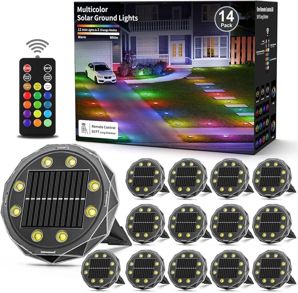Color Changing Solar Ground Lights with Remote 14 Pack Solar Pathway Lights