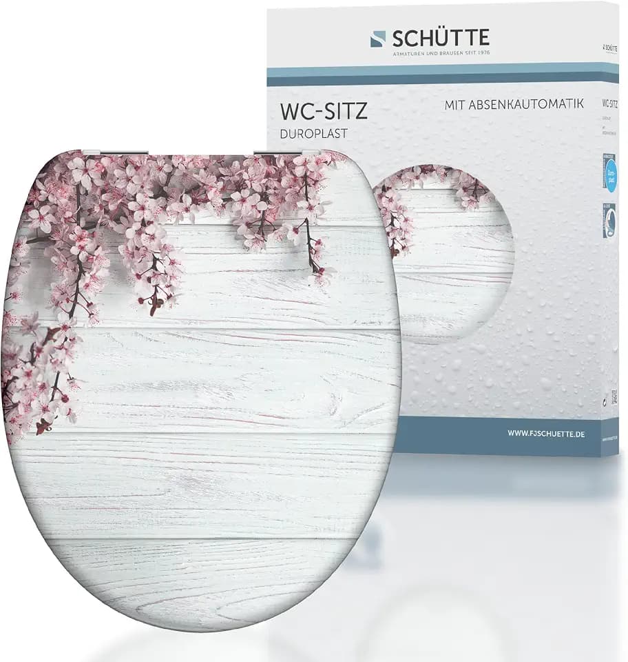 Schütte WC-Sitz FLOWERS & WOOD mit Absenkautomatik, Toilettendeckel mit Motiv, Duroplast Klodeckel (max. Belastung der Klobrille 150 kg), Weiß