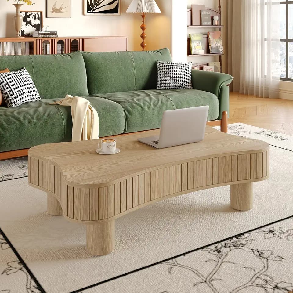 GDFStudio Zurnes Lift Top Coffee Table with Storage, 42" Accent Table for Living Room, Fluted Panel Hidden Storage, Silent Hydraulic Lift, Curved Corners, Easy Assembly, Natural Wood