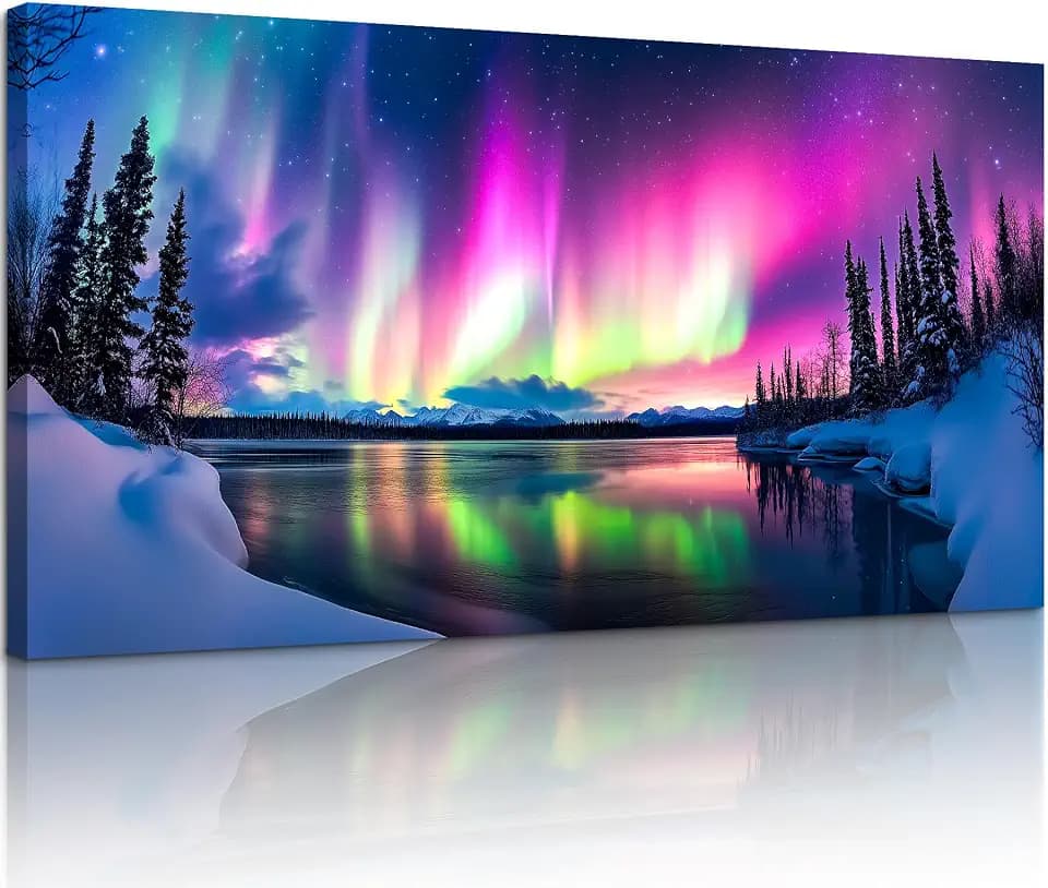 SERIMINO Large Aurora Landscape Wall Art, Winter Forest Canvas Art 29"X57"