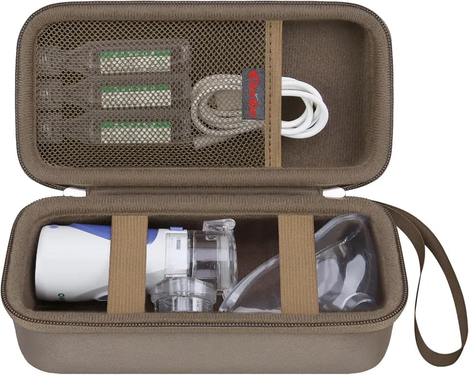 Elonbo Carrying Case Compatible with Portable Handheld Inhaler Nebulizer Machine for Adults and Kids, Asthma Inhaler/Handheld Atomizer Machine Hard Travel Bag, Mesh Pocket Fits Charging Cable, Brown