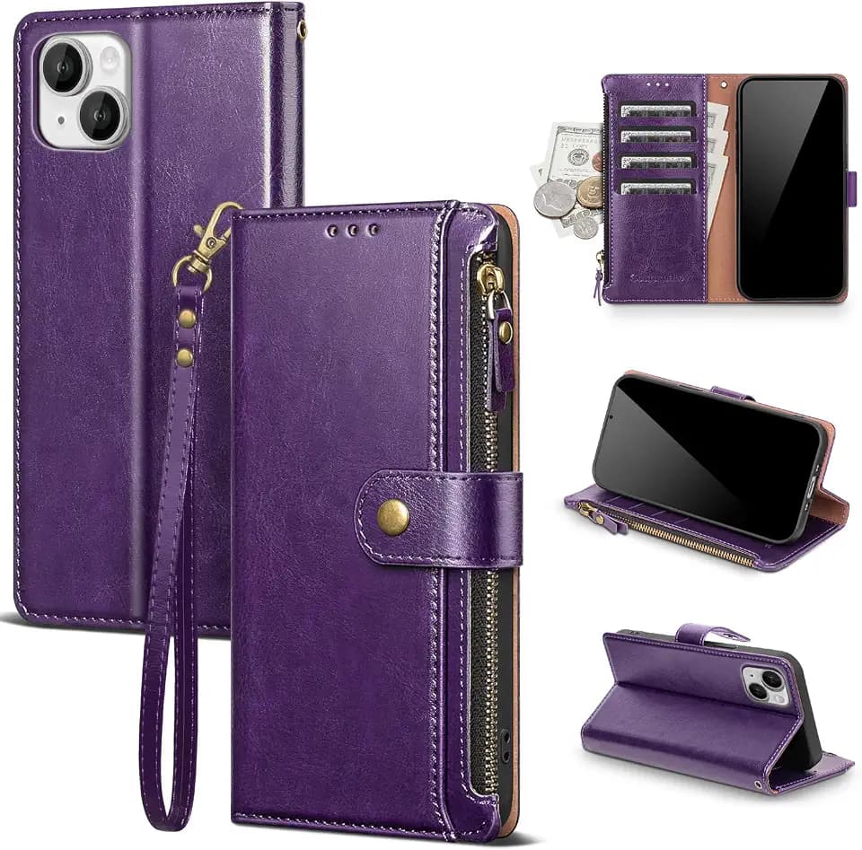 for iPhone 15 Wallet Case with Card Holder,Dark Purple