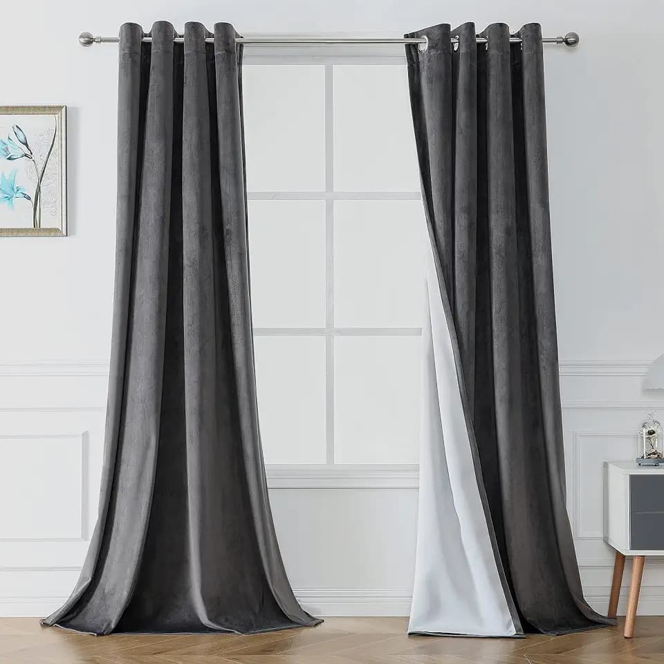 Victree 100% Blackout Curtains for Bedroom, Thick Velvet Curtains 52 x 108 inch Length - Thermal Insulated Energy Saving, Sun Light Blocking Grommet Window Drapes for Living Room, 2 Panel, Dark Grey