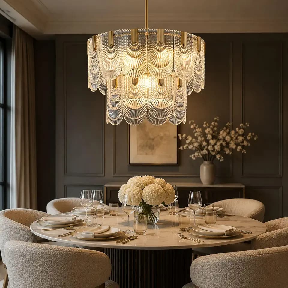 Crystal Glass Chandelier,Gold Glass Kitchen Island Lights,9-Light Dining Room Hanging Pendant Light Fixture for Living Room, Bedroom,Foyer, Bathroom,Entryway, Brass Finish, D24 xH25