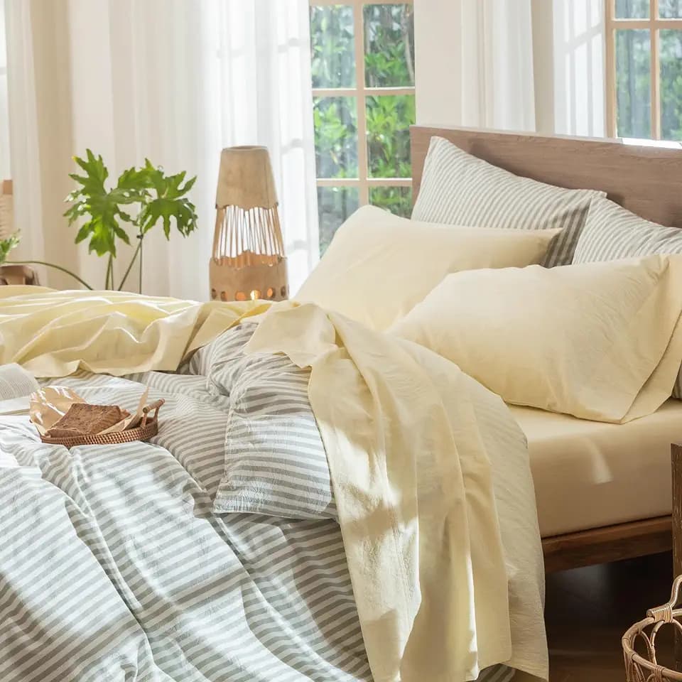 MooMee Sheet Set 100% Washed Cotton Lived-in Extra Deep Pocket Queen