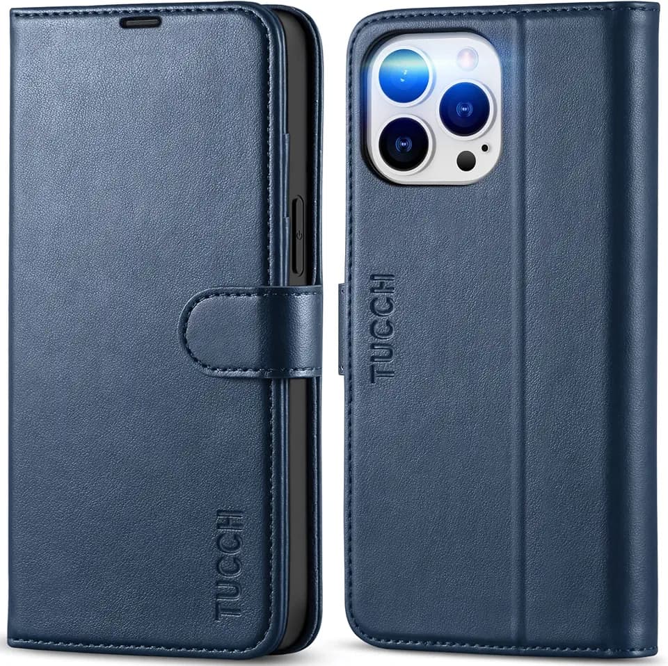 TUCCH Case Wallet for iPhone 14 Pro Max, RFID Blocking Folio, Dark Blue