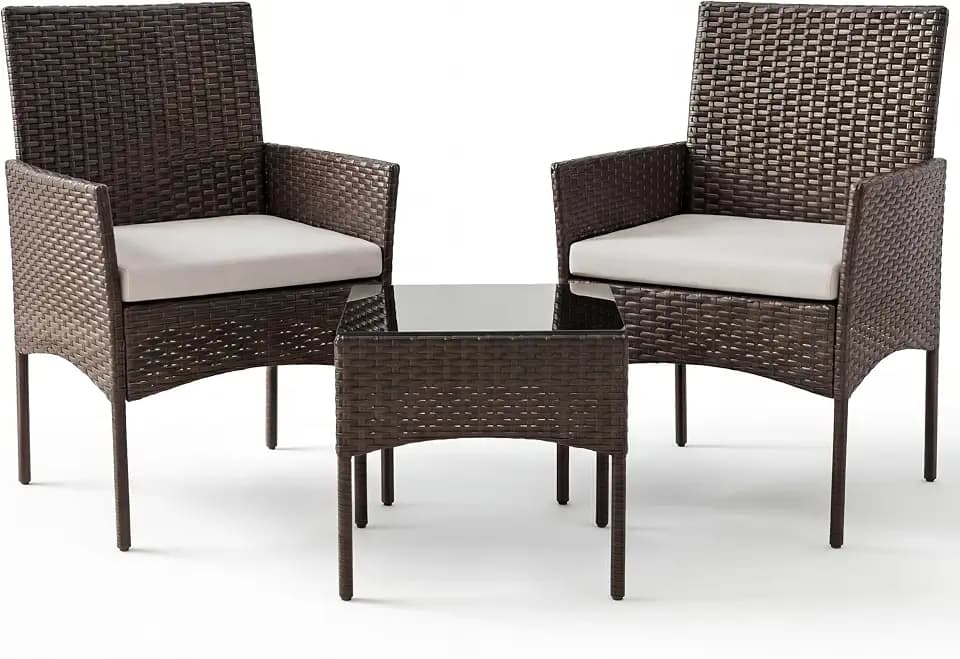 Sweetcrispy Outdoor Wicker Bistro Set, Patio Furniture 3-Piece, Brown