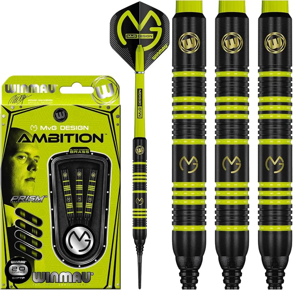 WINMAU Michael Van Gerwen MvG Ambition Professionelles Messing-Dart-Set mit Flights und Schäften, erhältlich in Steeltip und Softip