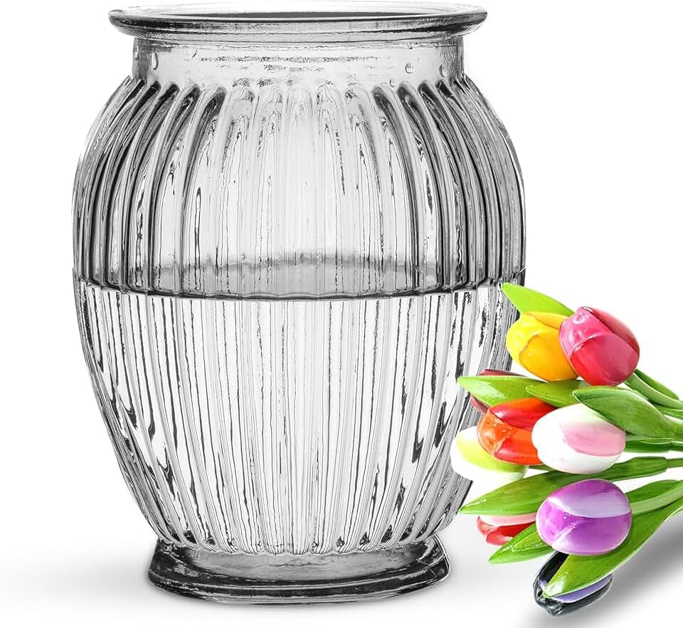 Wrenbury Geriffelte Glasvase für Blumen, groß, klares Glas, 18 cm, Tulpenvase für Rosen, Knospen, Narzissen oder Pfingstrosen, große breite runde Öffnung für Blumenstrauß für Mama