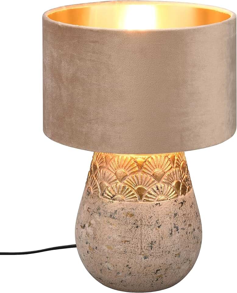 Reality Leuchten Tischleuchte Kiran R51231061, Sockel Keramik Grau, Schirm Samt Beige/goldfarbig, exkl. 1x E27