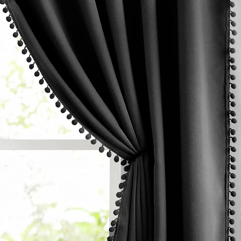 Treatmentex Black Pompom Curtains for Bedroom Living Room 95 inch Triple Weave Full Blackout Window Curtain Panels for Hotel Men's Guest Room Drapes 52" w x2 Panels Rod Pocket