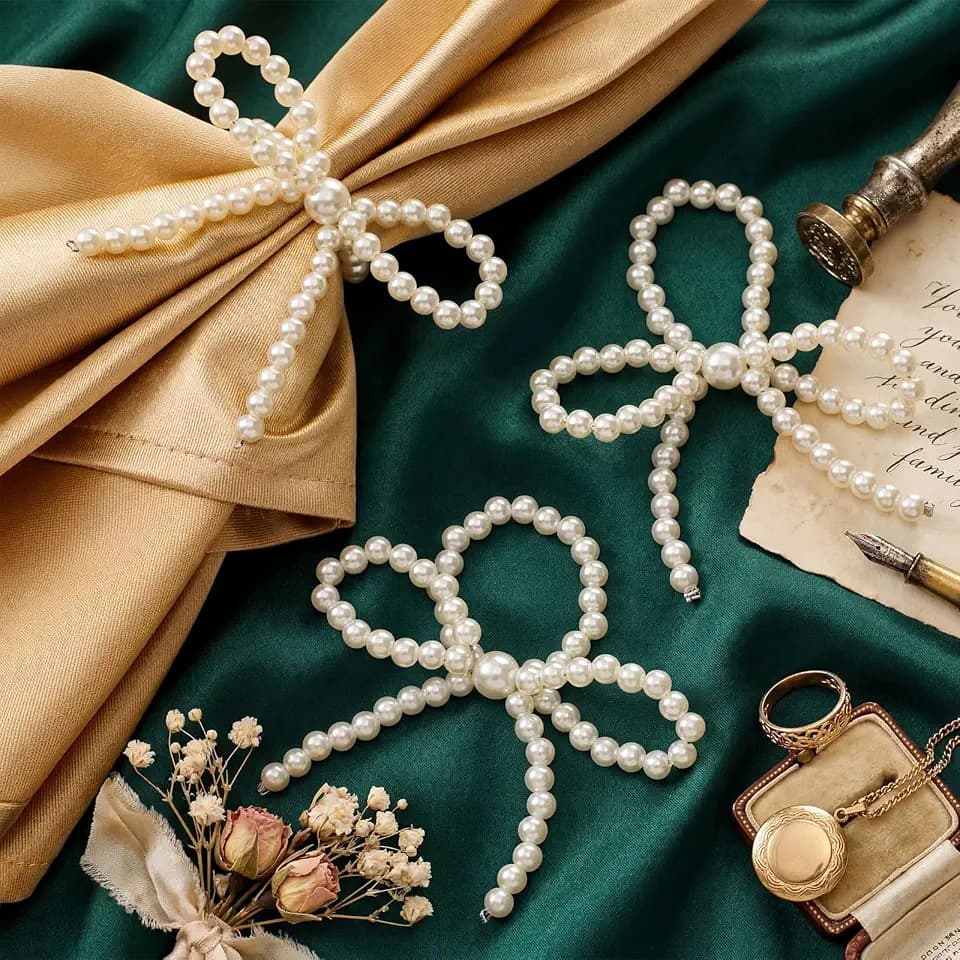 12 Pcs Bow Napkin Rings Pearl Beaded Wedding Table Use, Classic