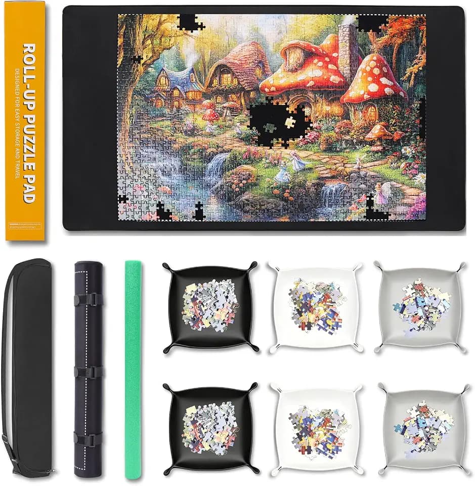 Lwoeo 1000 Pieces Puzzle Mat Roll Up, Smooth Top Pad with 6 Sorting Trays