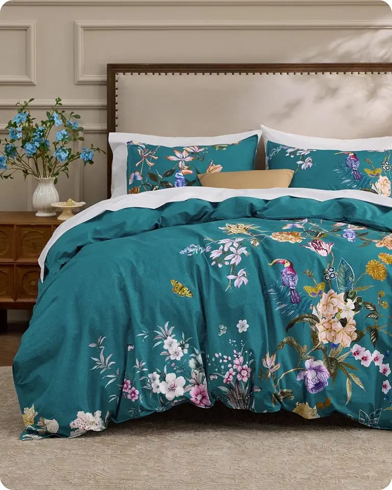 Bedsure PureWoven 100% Cotton Floral Duvet Cover Set, King, Teal Bird