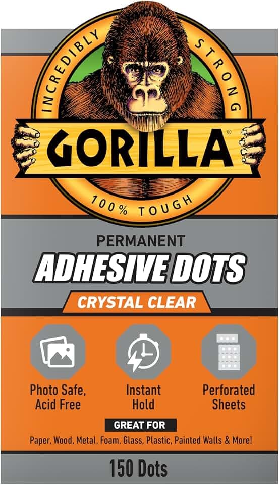 Gorilla Adhesive Dots, Double-Sided, Clear, 0.5" Diameter, 150 Pieces